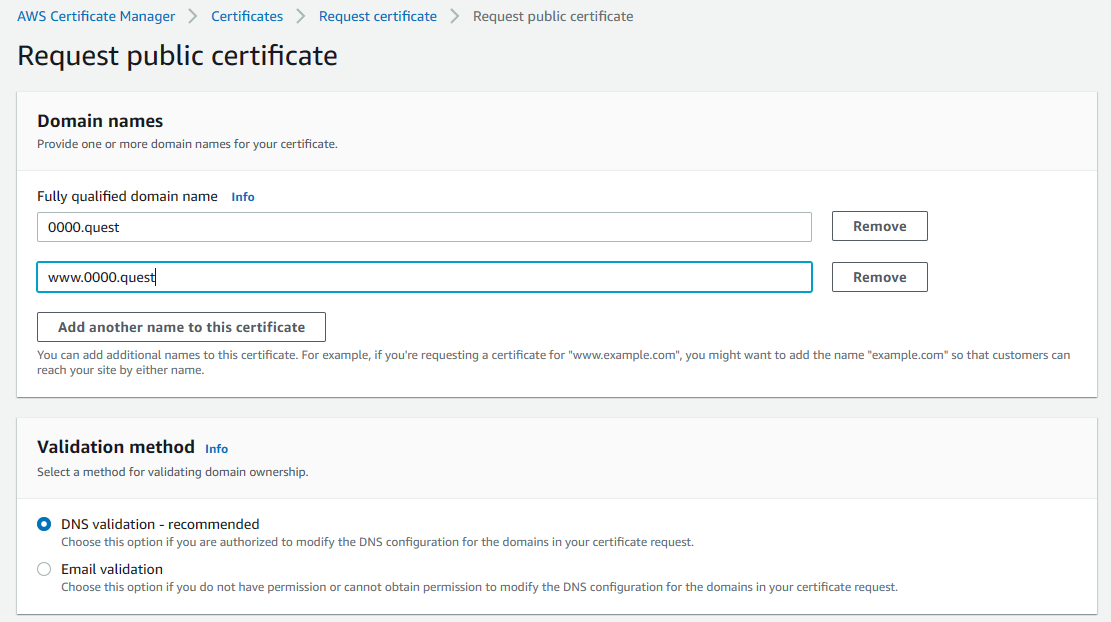 AWS Certificate Manager domain name & domain validation step screenshot