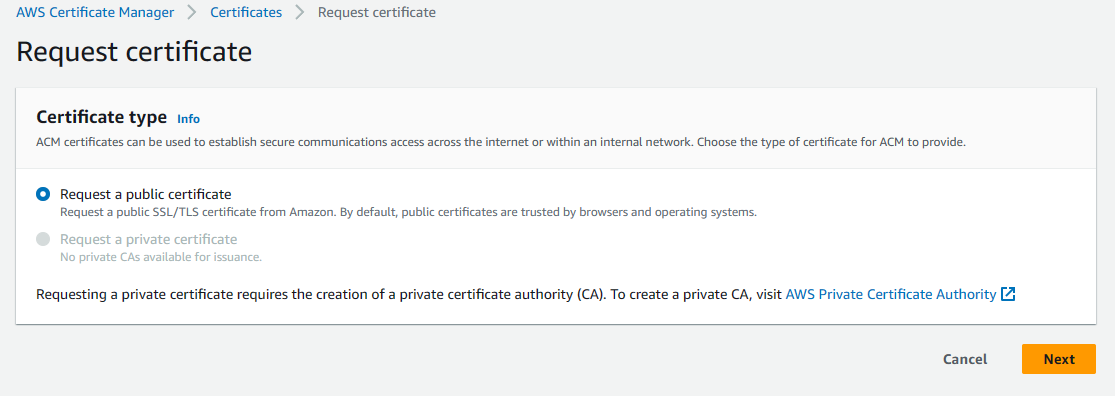 AWS Certificate Manager creating public certificate step screenshot