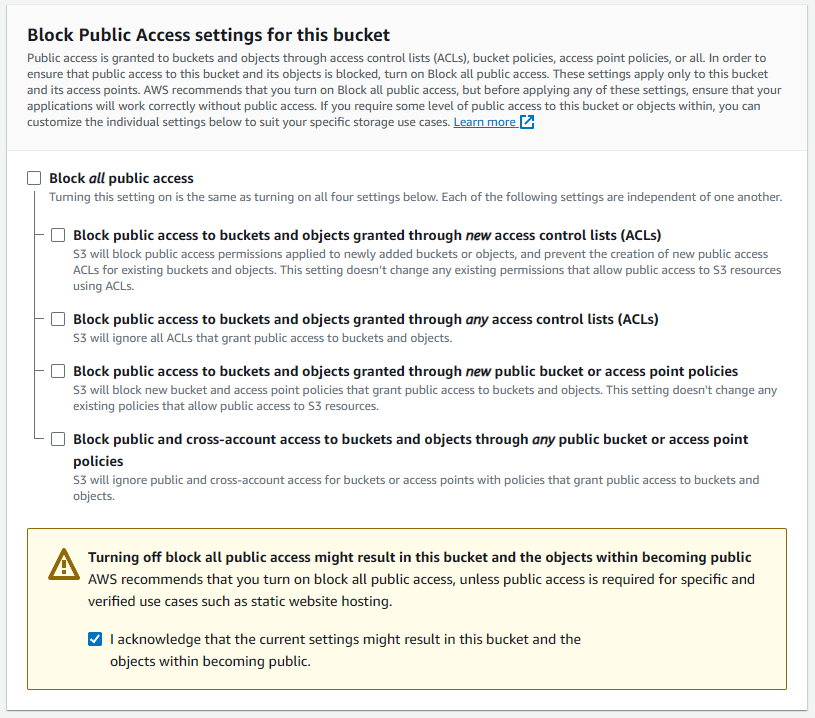 AWS S3 bucket public access settings screenshot