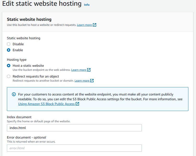 AWS S3 bucket static hosting screenshot
