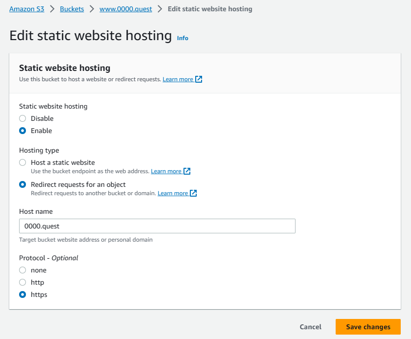AWS subdomain domain updated static website hosting protocol setting screenshot
